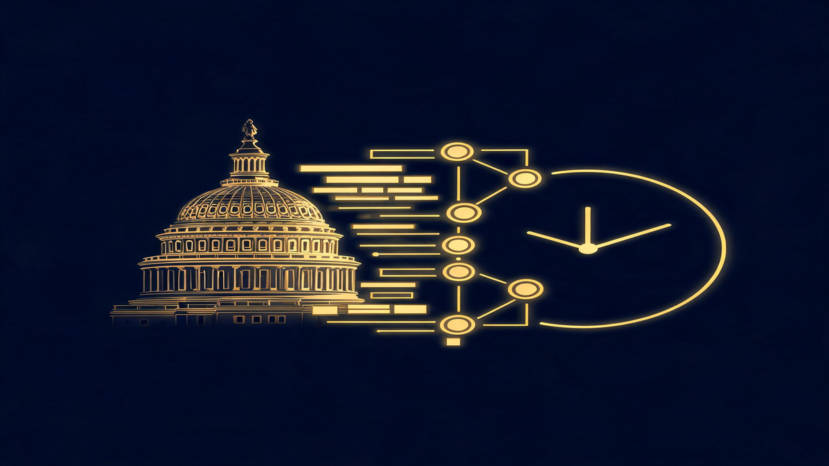 US Capitol dome silhouette with a digital ledger and blockchain nodes dissolving into a clock, dark blue and gold, no text, no people