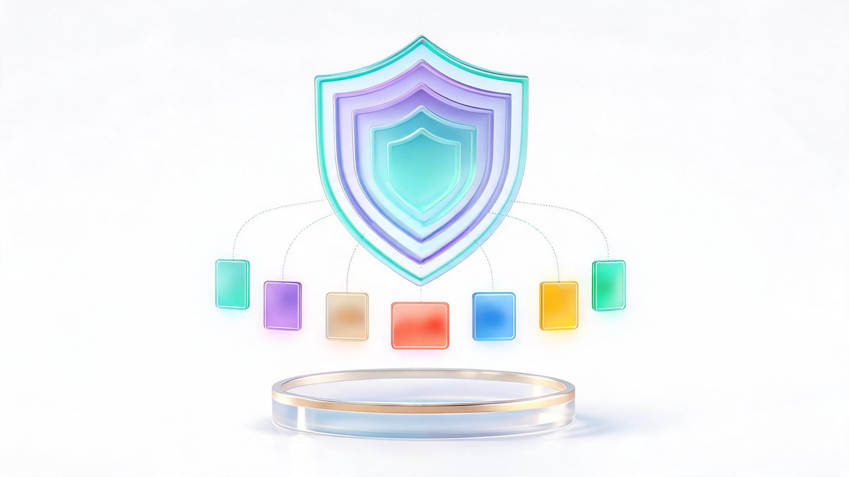 Cyber security solutions 2026: layered glass shield protecting seven solution categories