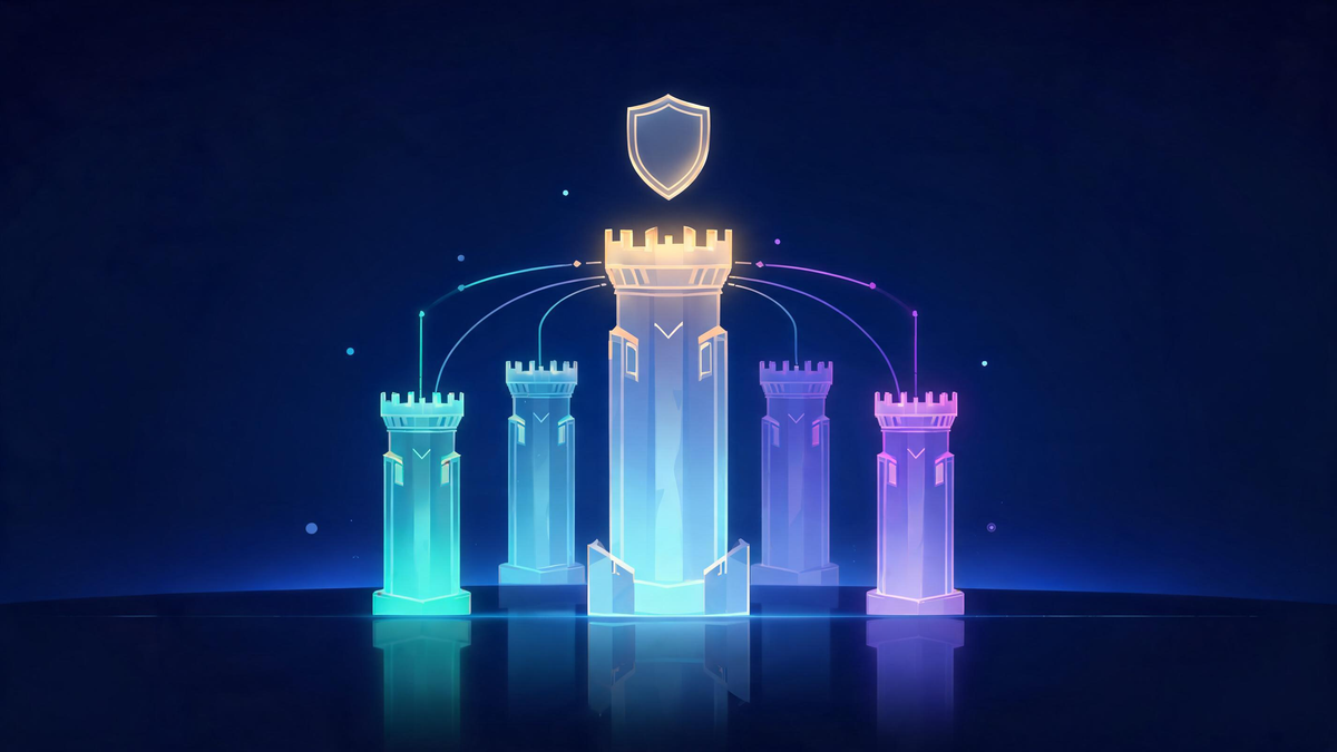 Top cybersecurity companies 2026: glass fortress towers ranked by height with golden-crowned leader