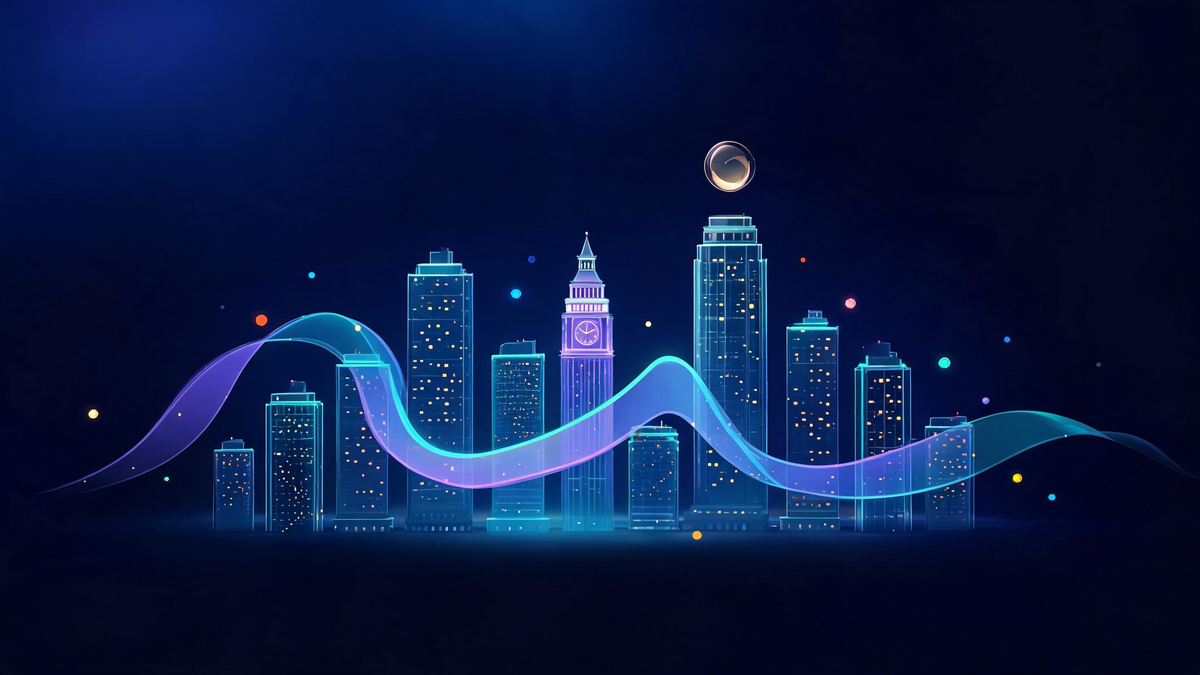 Dow Jones stock market today: luminous financial skyline with flowing index chart ribbon