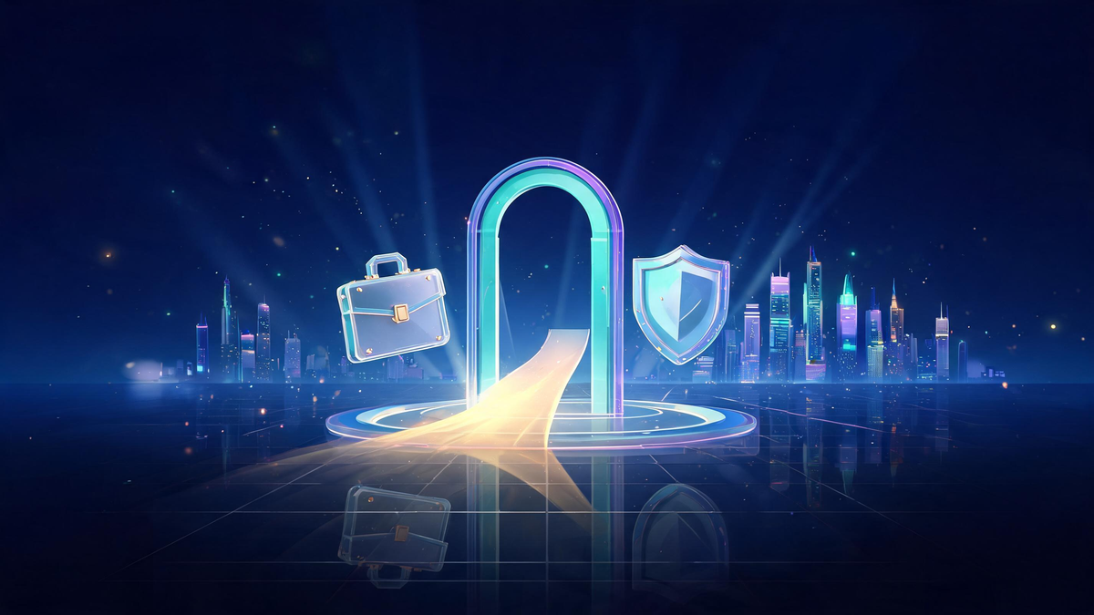 Entry-level cybersecurity jobs 2026: glowing gateway opening toward a luminous cyber city skyline