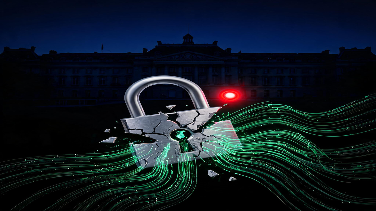 Digital padlock cracking over French government building silhouette, data streams, dark blue and red light