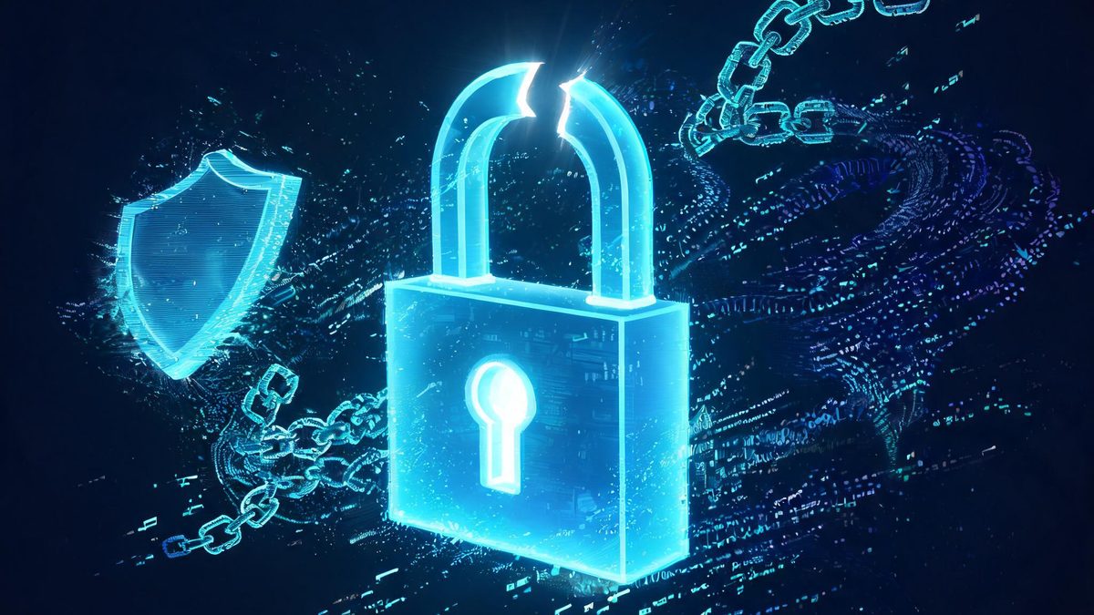 Encrypted ciphertext being decrypted to reveal a hidden command, abstract lock and code