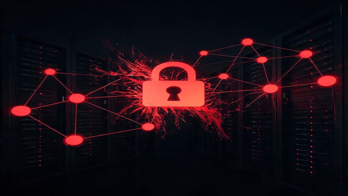 Red ransomware code dissolving over network nodes, padlock and server icons, dark background with red warning glow