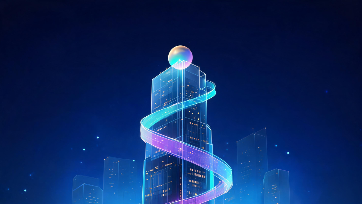 IBM share price today: luminous glass tower wrapped in a market data ribbon