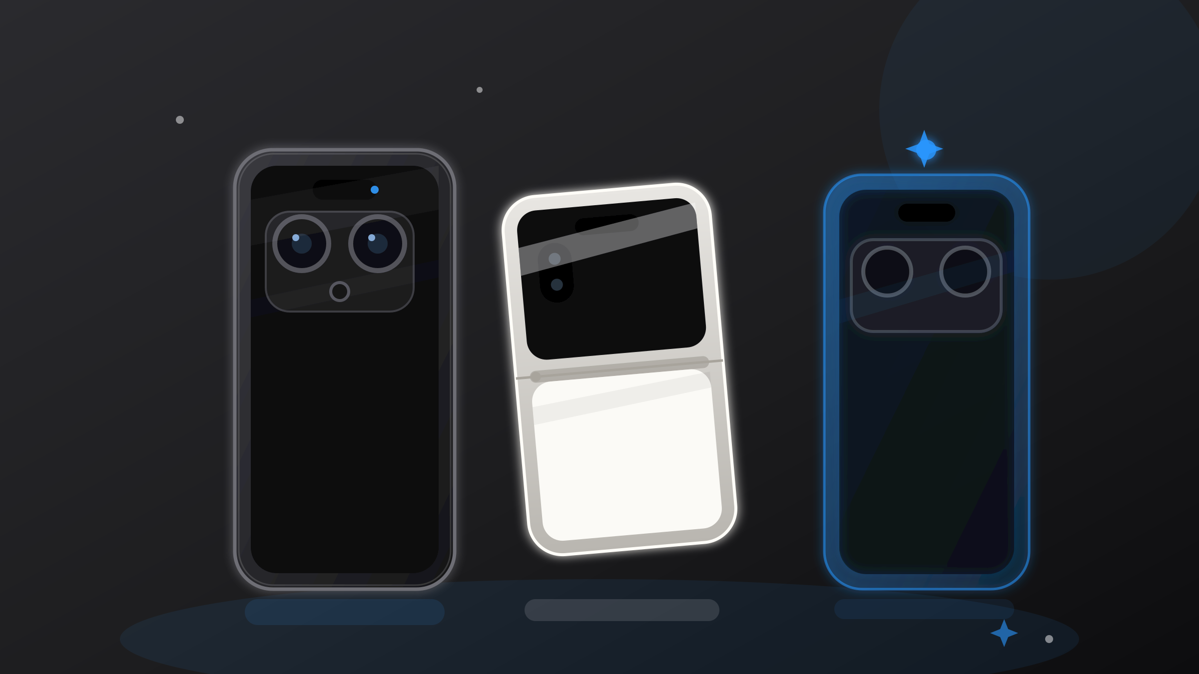 Dark Apple-style hero showing iPhone 18 Pro, the foldable iPhone Duo, and a translucent ghost of the upcoming base iPhone 18