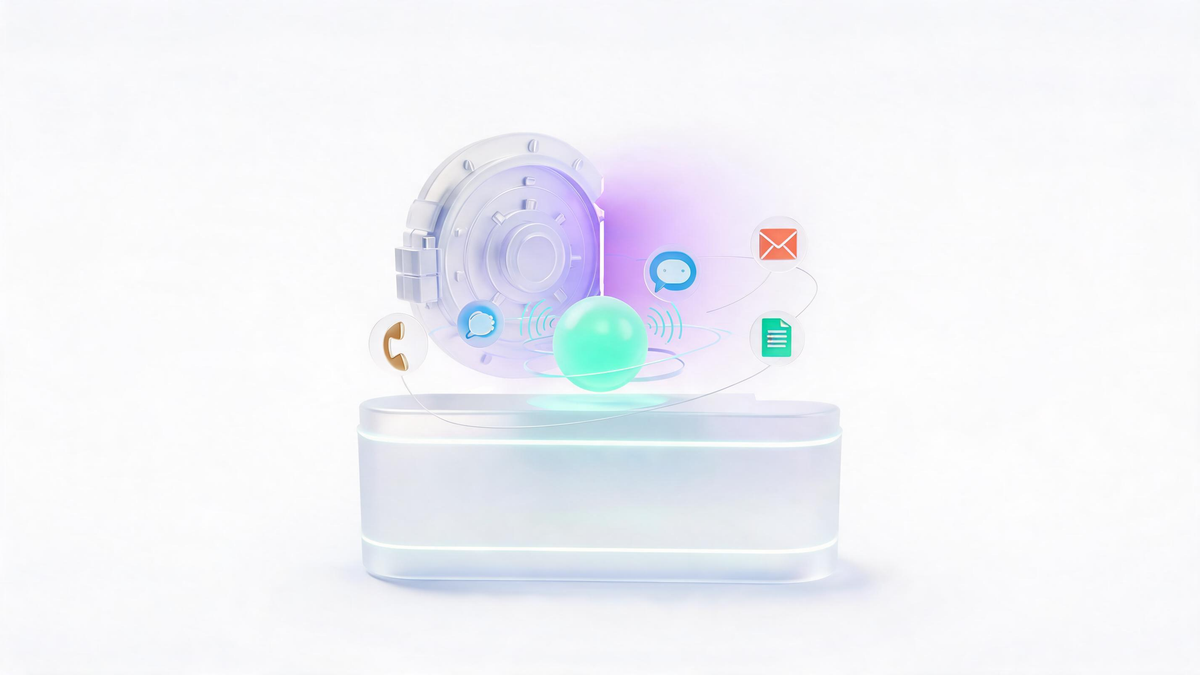 Private AI assistant concept with vault, voice and chat channels on white background