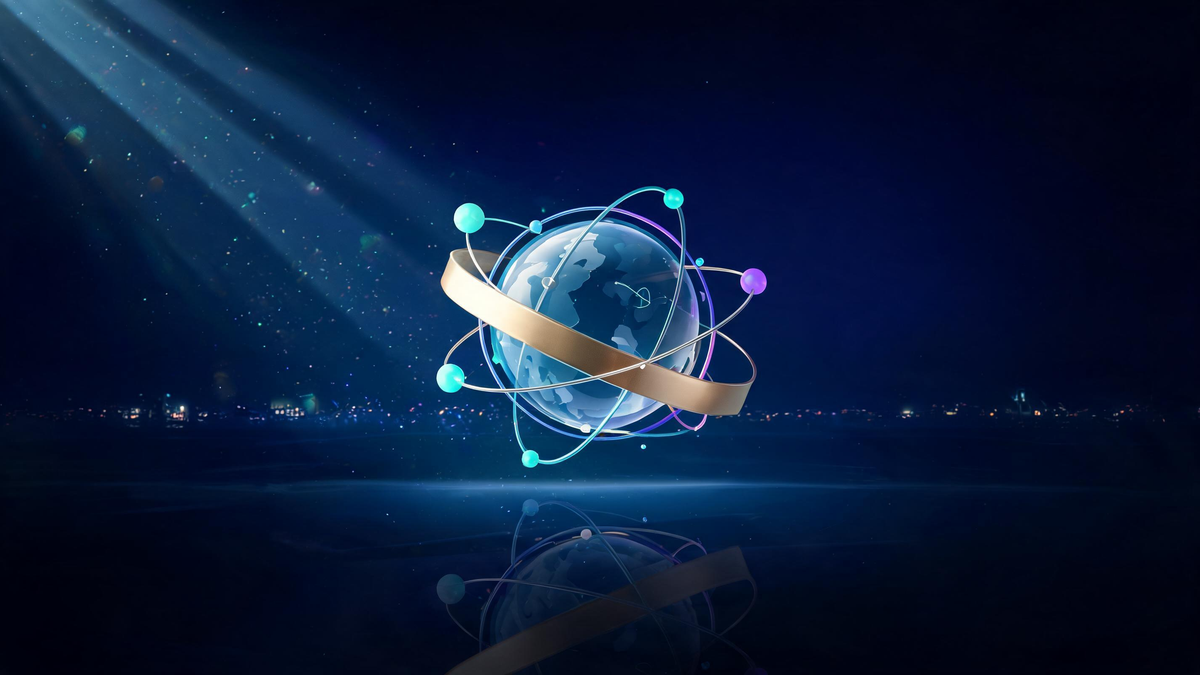 Quantum computing ETFs 2026: golden fund-orb wrapping a volatile quantum universe above a reflective sea