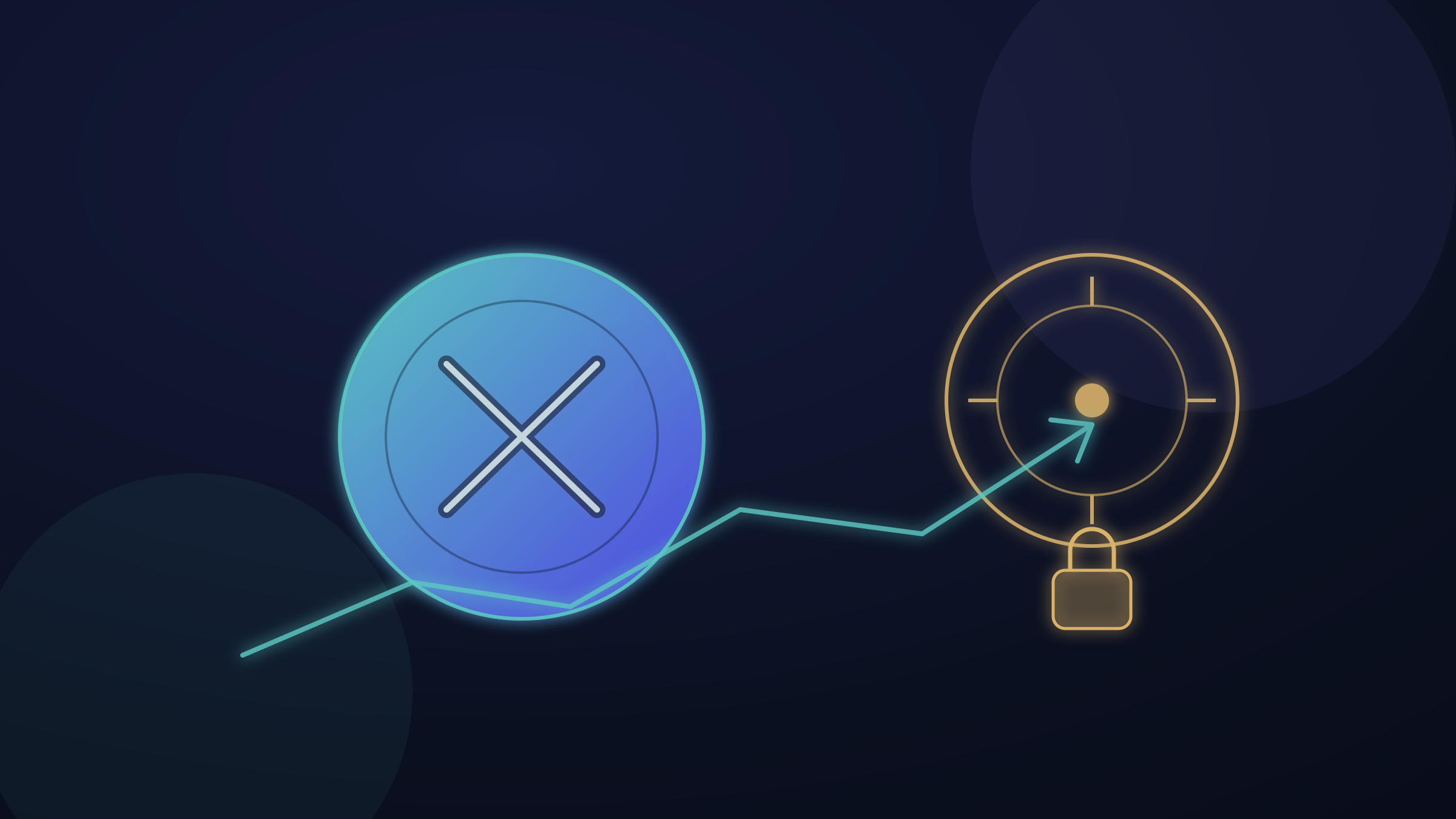 Dark-mode illustration of an XRP coin beside a locked private vault with a rising market line