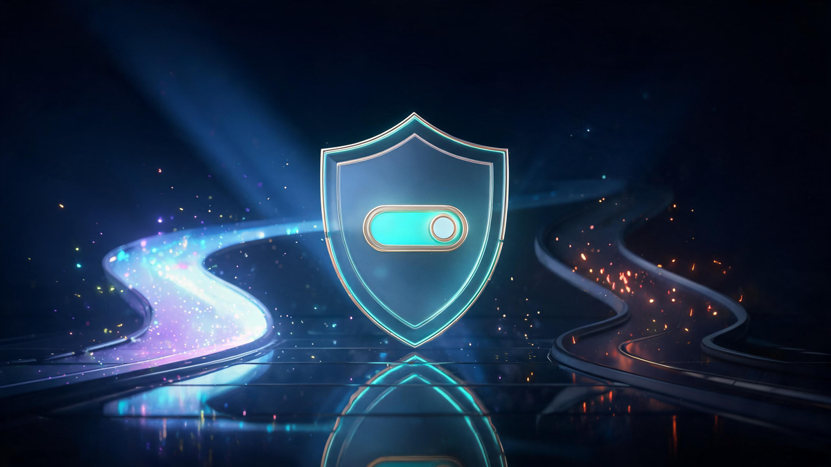 Turn off two-factor authentication: glass shield with glowing toggle and two diverging paths