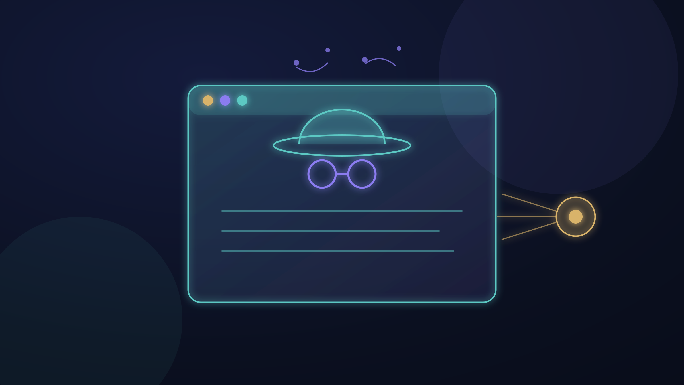Dark-mode illustration of a browser window wearing a spy hat while data particles escape to watchers outside
