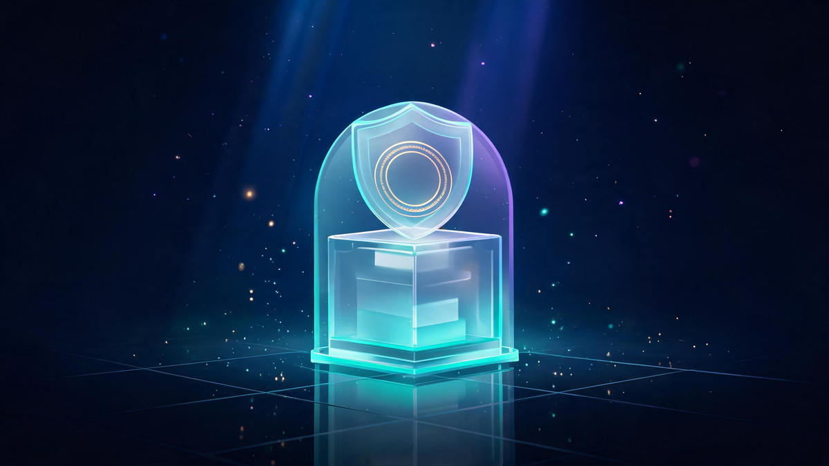 FDIC protection: glass account cube under a luminous shield dome with seal ring