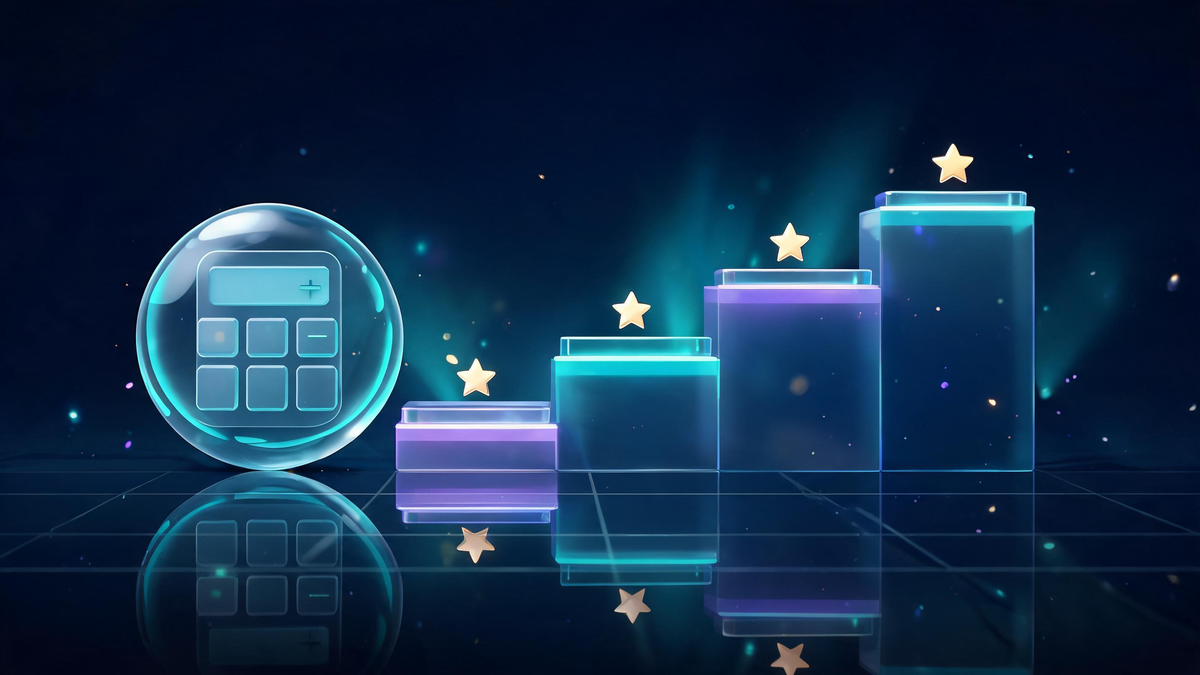 High-yield savings math: glowing calculator orb with ascending stepped light stack