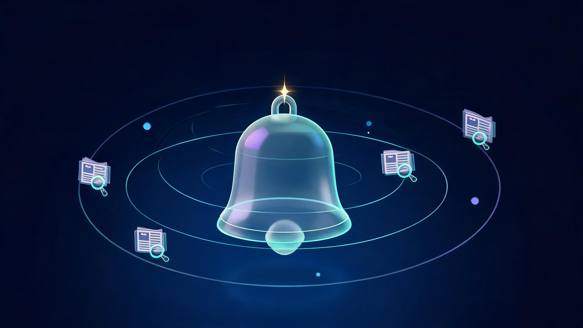 IBM stock alerts and insights: notification bell with news sources orbiting