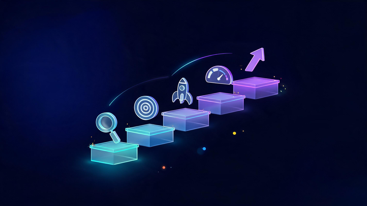 Five-step intelligent automation implementation plan shown as ascending luminous steps