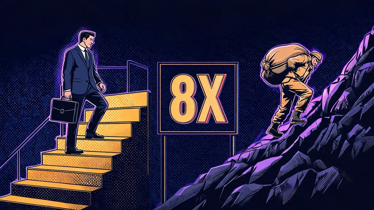 A short golden staircase for a suited worker versus a steep climb for a laborer, pop-art illustration of the 8x displacement inequality