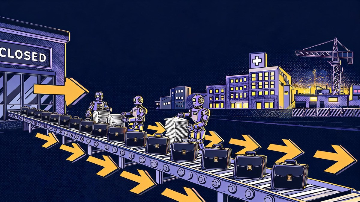 Conveyor belt carrying briefcases from a closing office building to a hospital and construction site, pop-art illustration of AI job churn