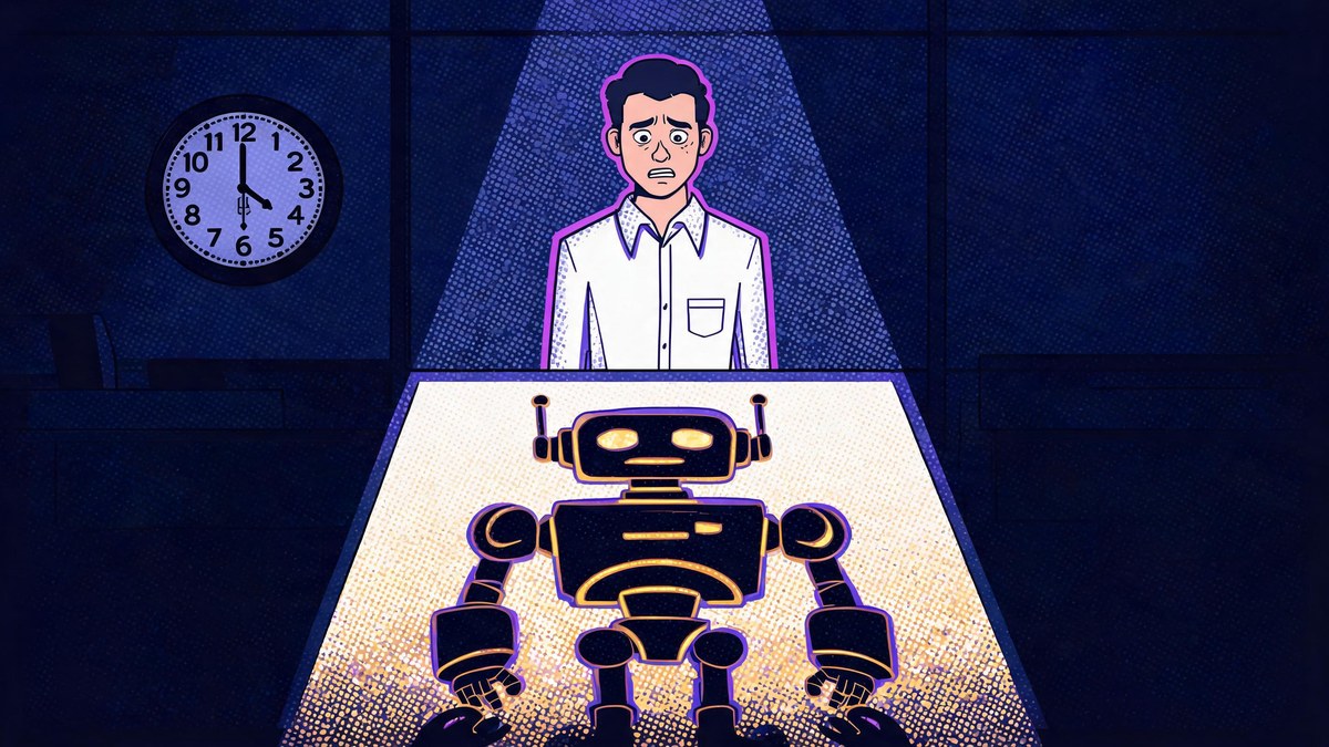 An office worker looking at a robot-shaped shadow, pop-art illustration of FOBO - fear of becoming obsolete