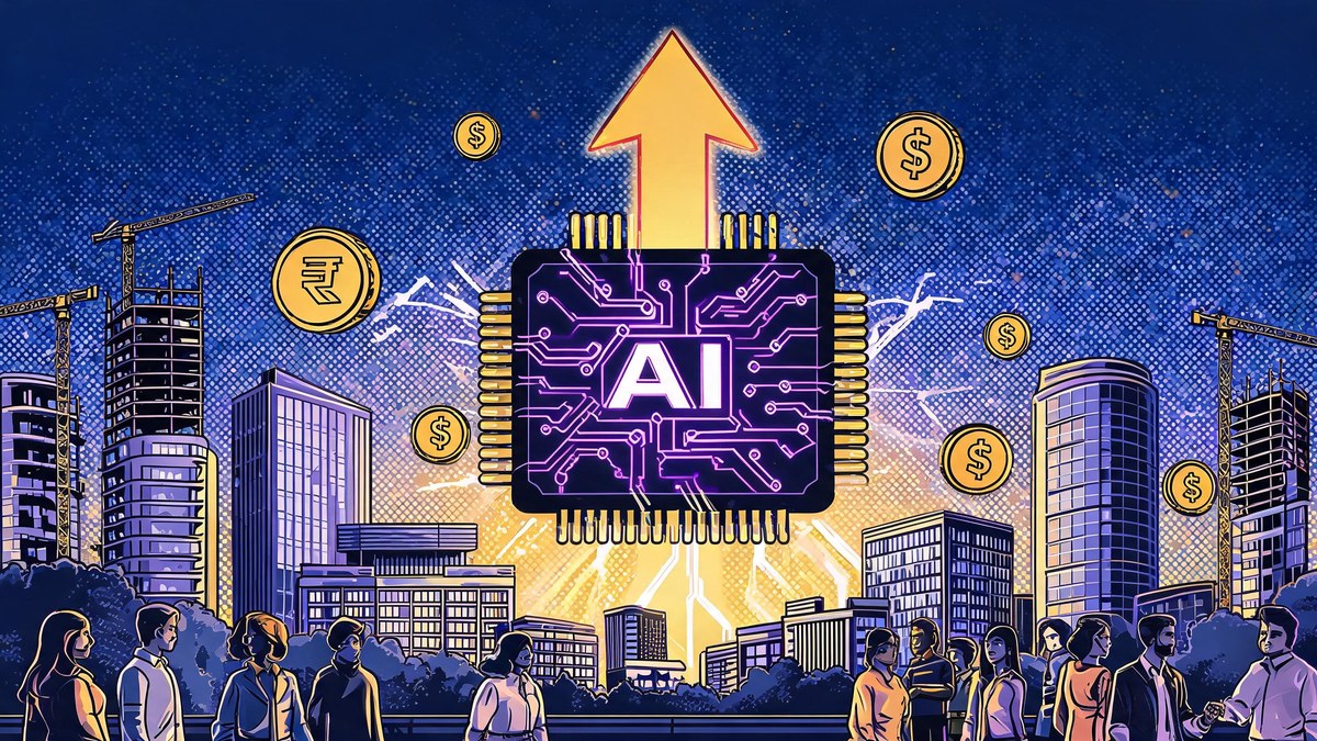Indian tech park skyline with AI chip emblem and rising gold arrow, pop-art illustration of India's AI opportunity