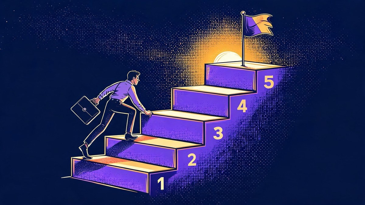 A worker climbing five giant glowing steps toward sunrise, pop-art illustration of the pre-2035 career action plan