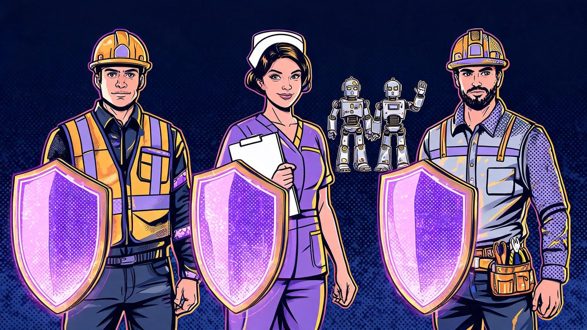 Construction worker, nurse and electrician standing firm with shields while robots wave politely, pop-art illustration of AI-safe jobs