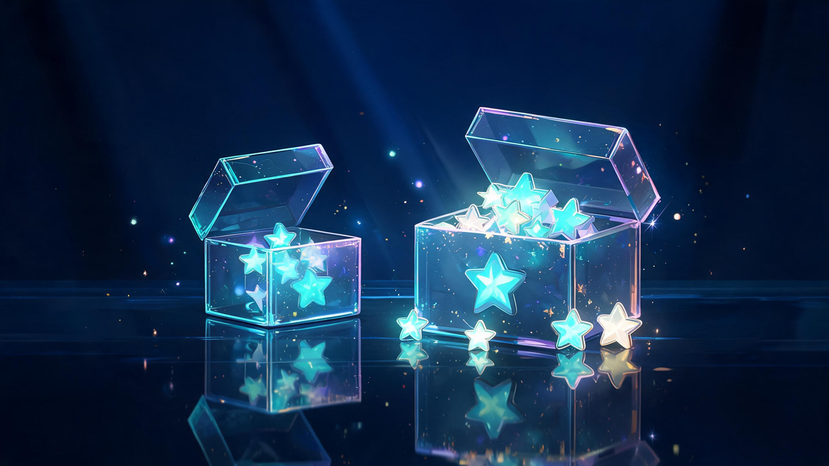 Free versus paid tiers: small softly glowing gift box beside larger brighter one with star tokens
