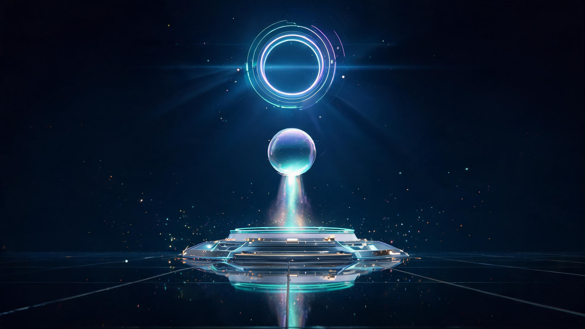 AI agent deployment: radiant orb lifting off a glass launchpad toward a glowing portal in the dark sky