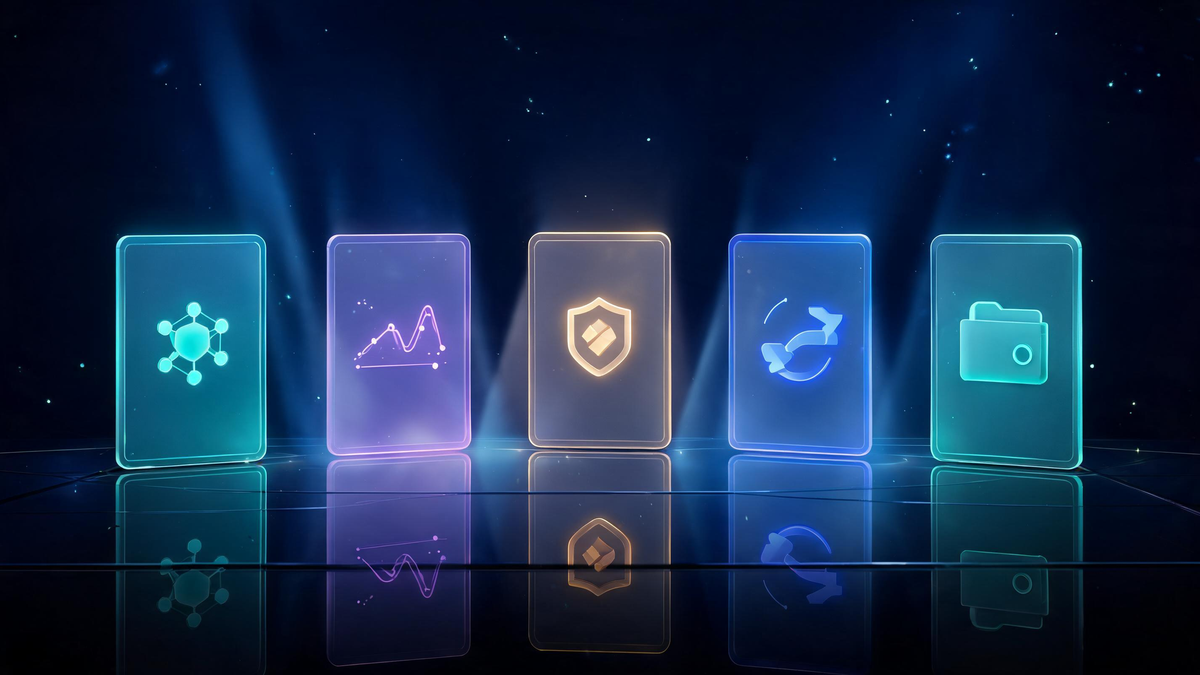 No-code AI agent platforms compared: five glass cards with distinct emblems on a dark shelf
