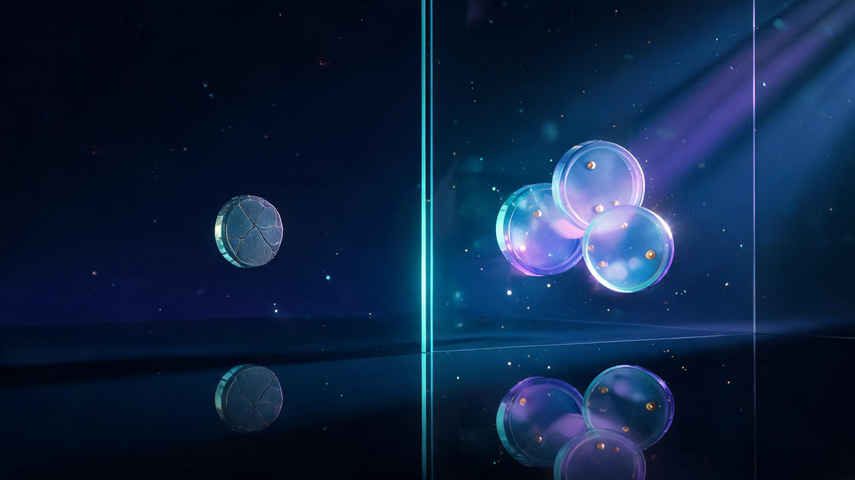 Real versus fake no-code: cracked token on one side of a glass wall, assembled glowing set on the other