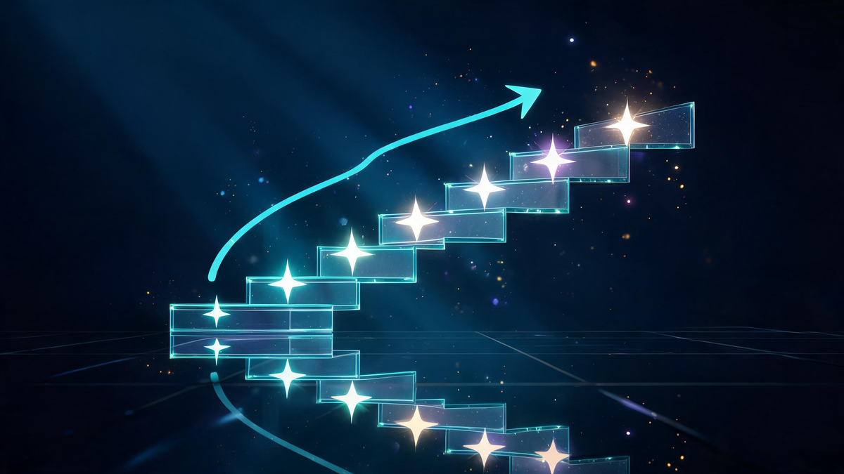 Seven-step AI agent build workflow: ascending glass steps with star milestones and light arrow