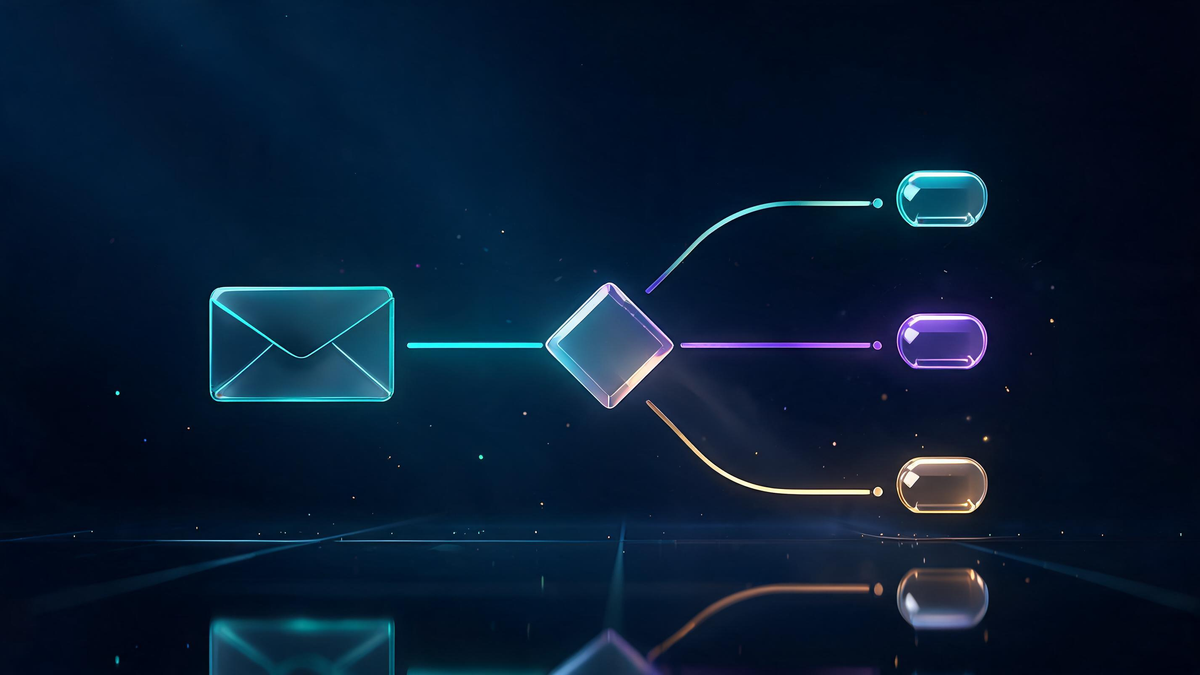 Email triage agent workflow: envelope node branching through classification diamond to label draft and approval stations