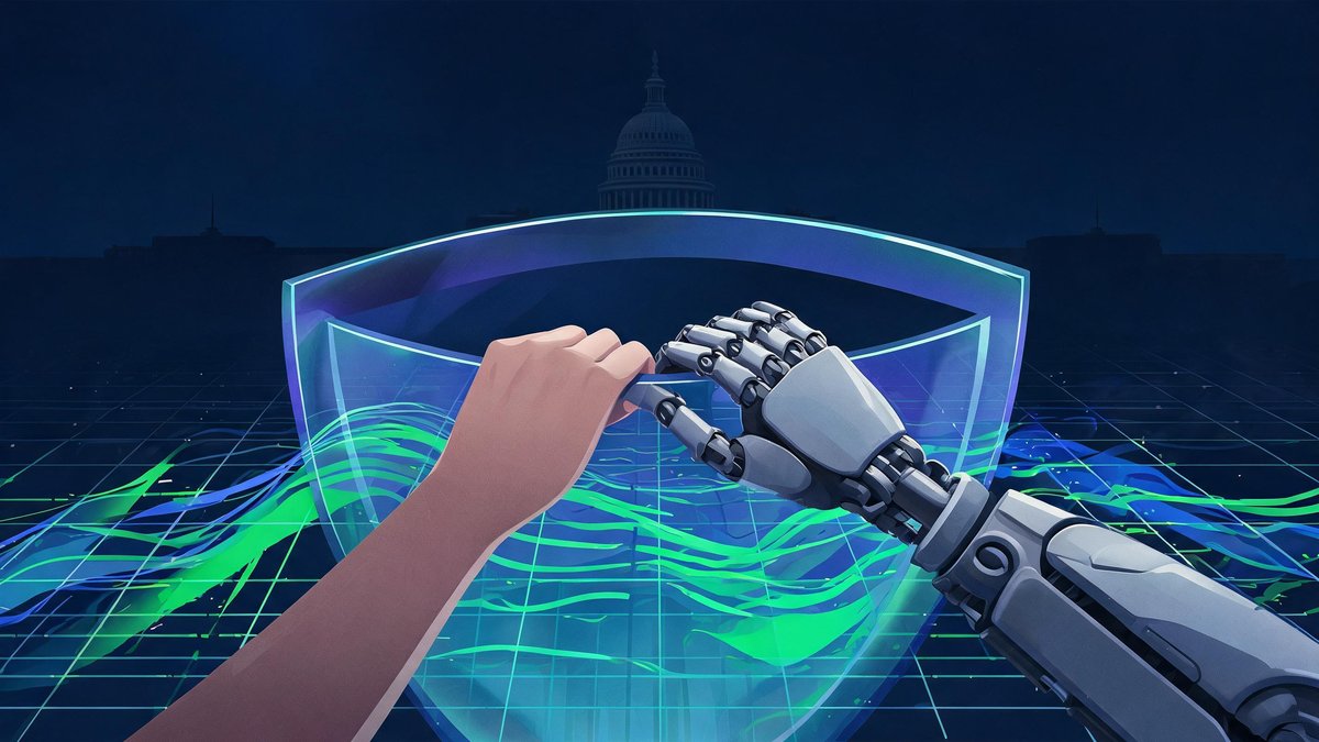 Human and robotic hands holding protective shield over data streams, regulation and oversight concept