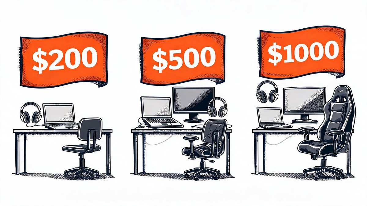 three desk setups with 200 500 and 1000 dollar flags in pop-art style — prime day budget builds for business