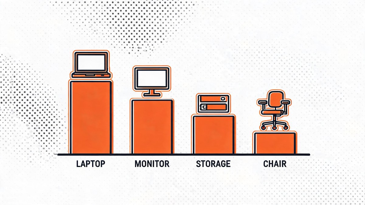 bar chart of shopping categories with laptop monitor storage and chair icons in pop-art style — prime big deal days category strength