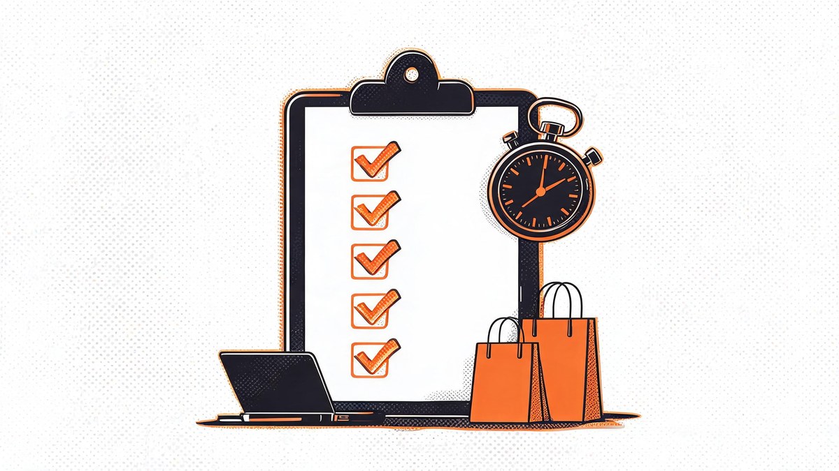 clipboard with glowing checkmarks and stopwatch in pop-art style — what to do before prime big deal days