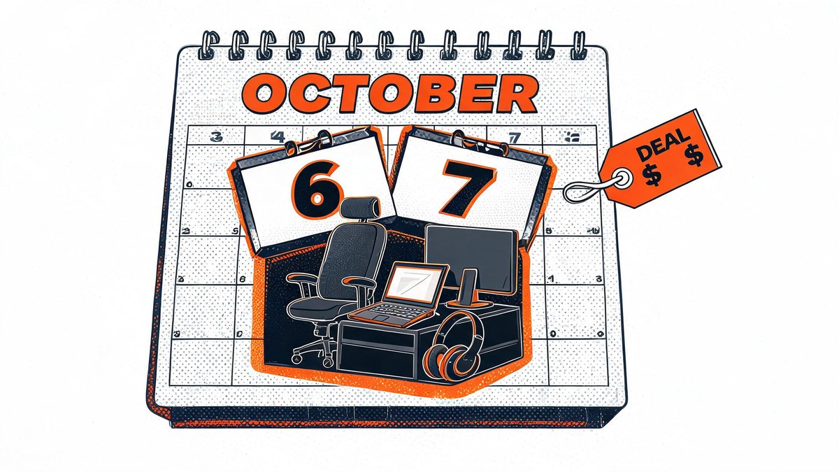 October calendar bursting open with office gear and price tags in pop-art style — Prime Big Deal Days 2026 business buying strategy
