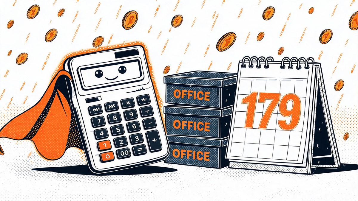 calculator superhero guarding office equipment and coins in pop-art style — section 179 office equipment deduction timing
