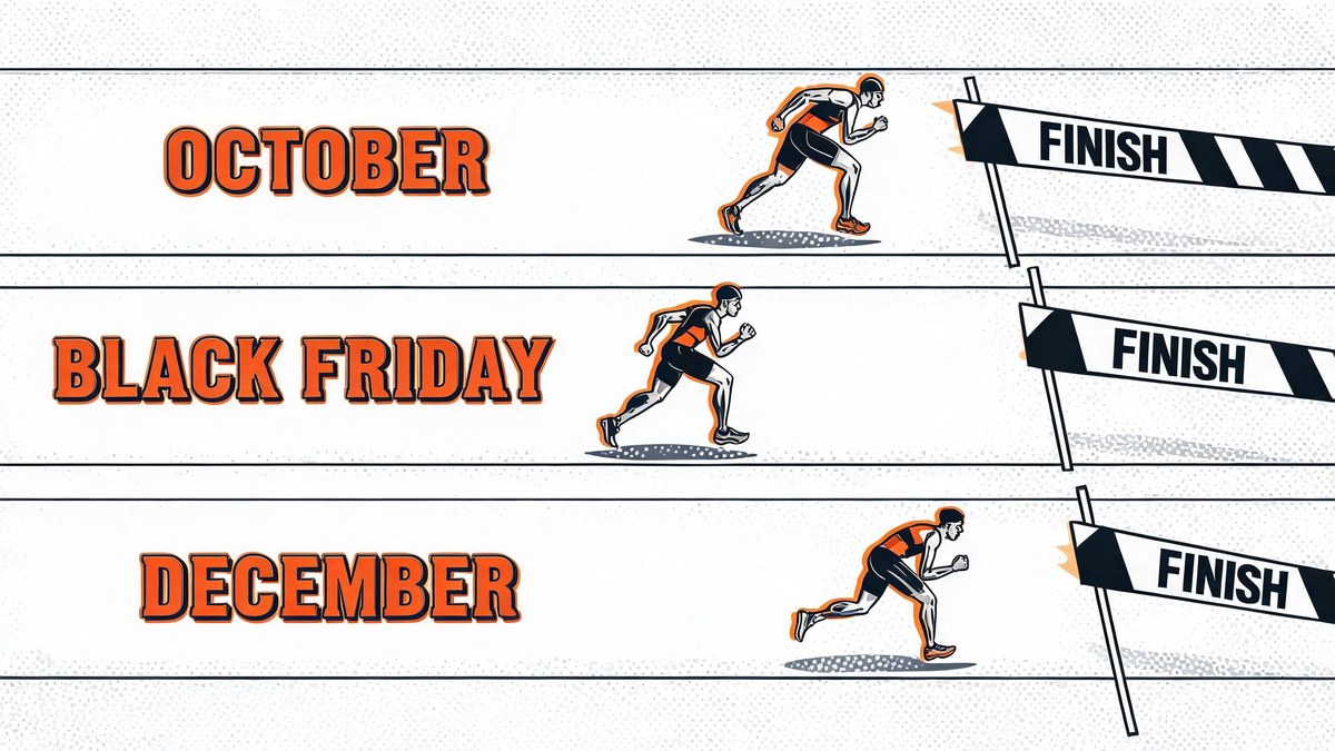 race track with October sprinter ahead of Black Friday and December lanes in pop-art style — prime day vs black friday timing