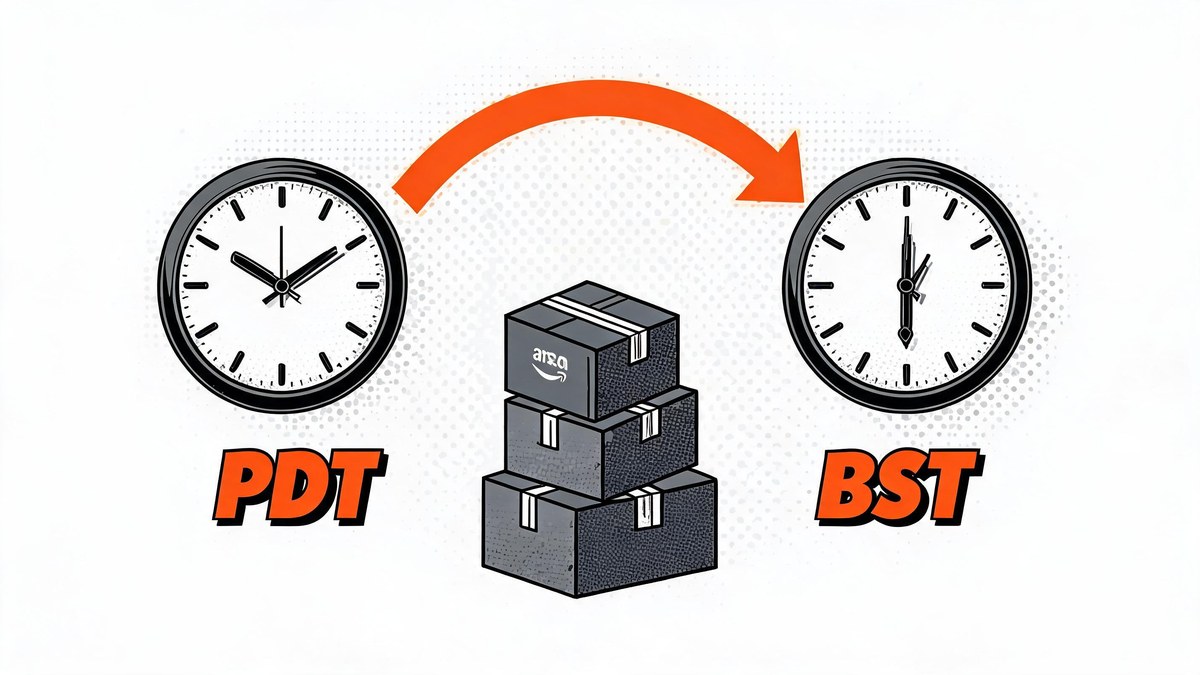 two clocks PDT and BST connected by arrows over parcels in pop-art style — prime big deal days UK US timings