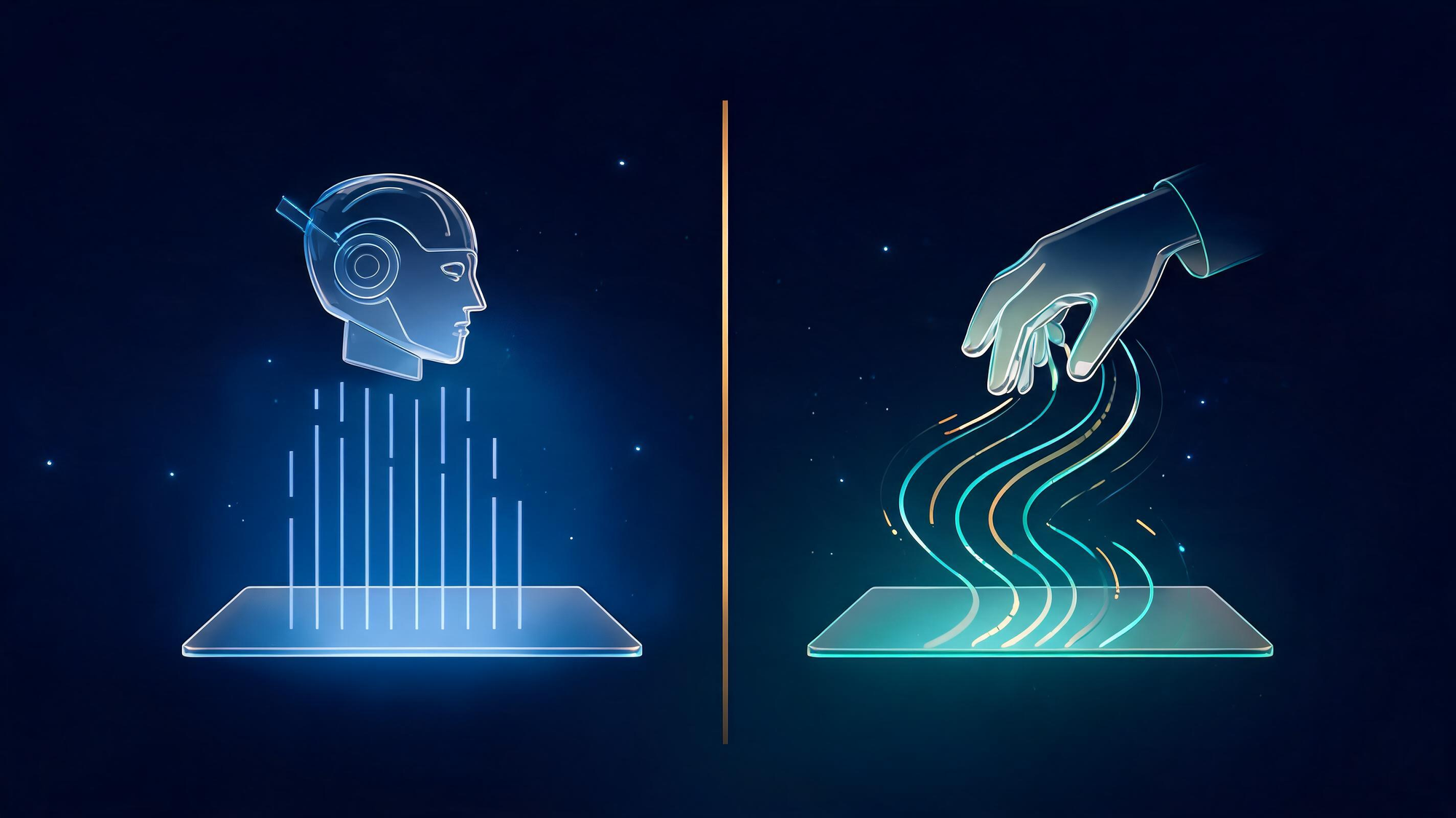 Split illustration: on the left a robotic figure produces rigid parallel light lines, on the right a human hand produces flowing organic ribbons