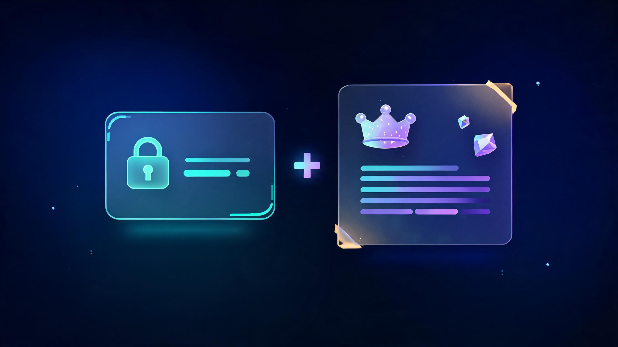 Two glass podium cards side by side, a smaller softly glowing free card and a larger brighter premium card with gold accents