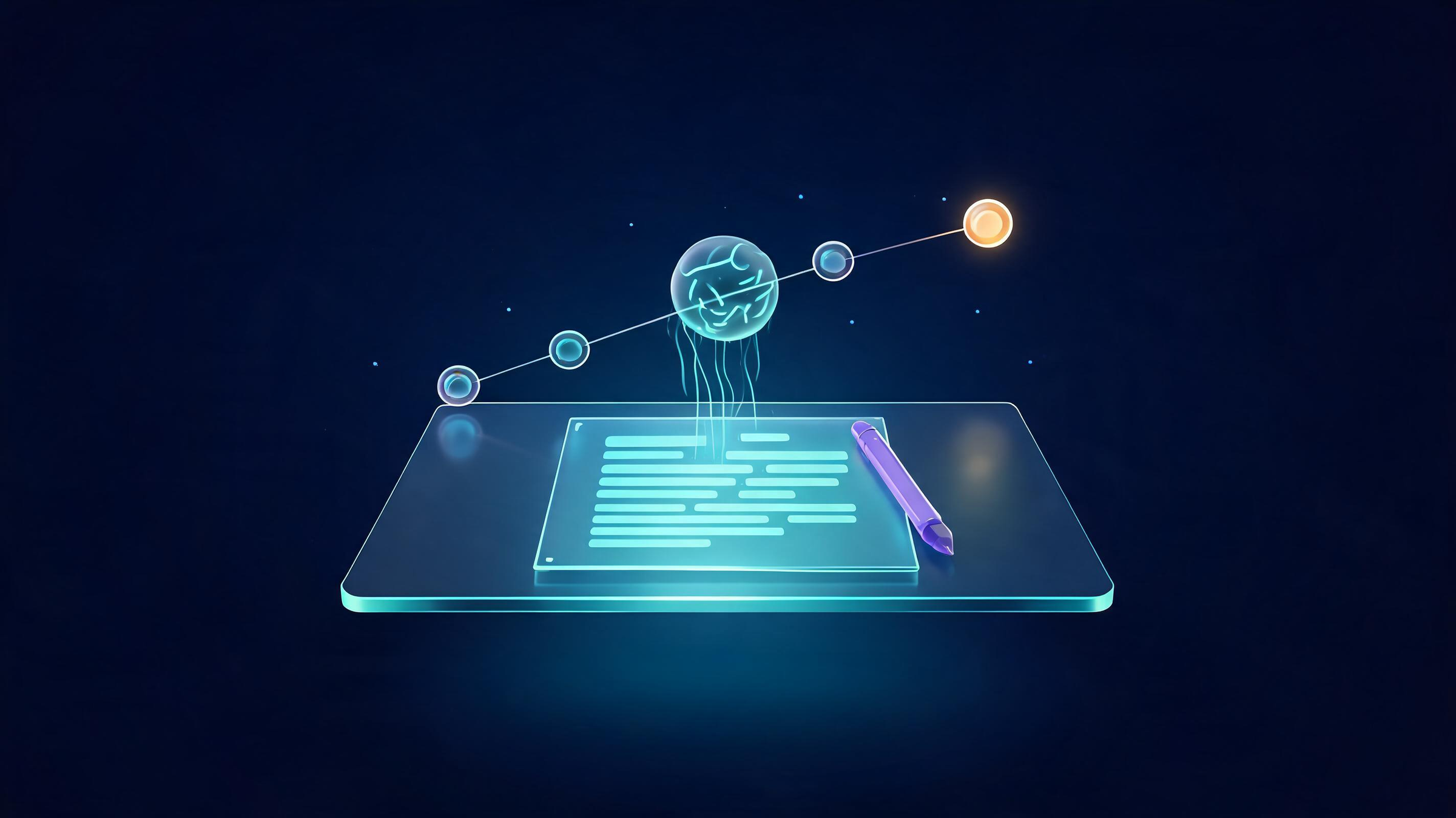 A glowing AI assistant orb helping a writer's document in a dark futuristic workspace, with a timeline of milestone nodes behind it