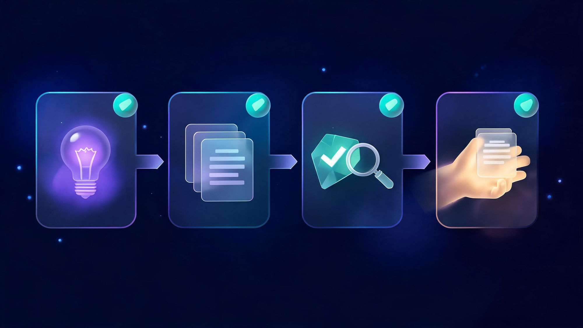 Four glowing glass panels connected left to right: an idea orb, stacked document layers, a review shard, and a warm hand cradling the finished page