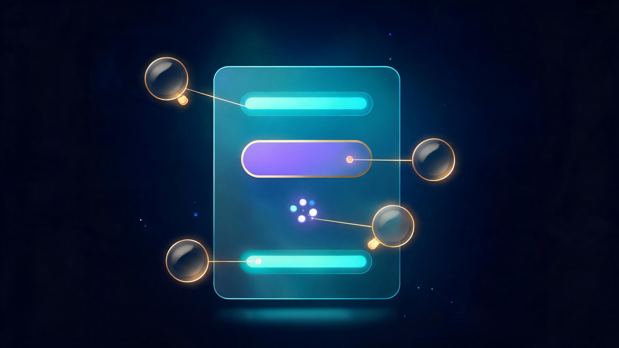 A glowing glass message panel with four magnifier orbs examining its sender strip, link pill, code cluster and deadline strip
