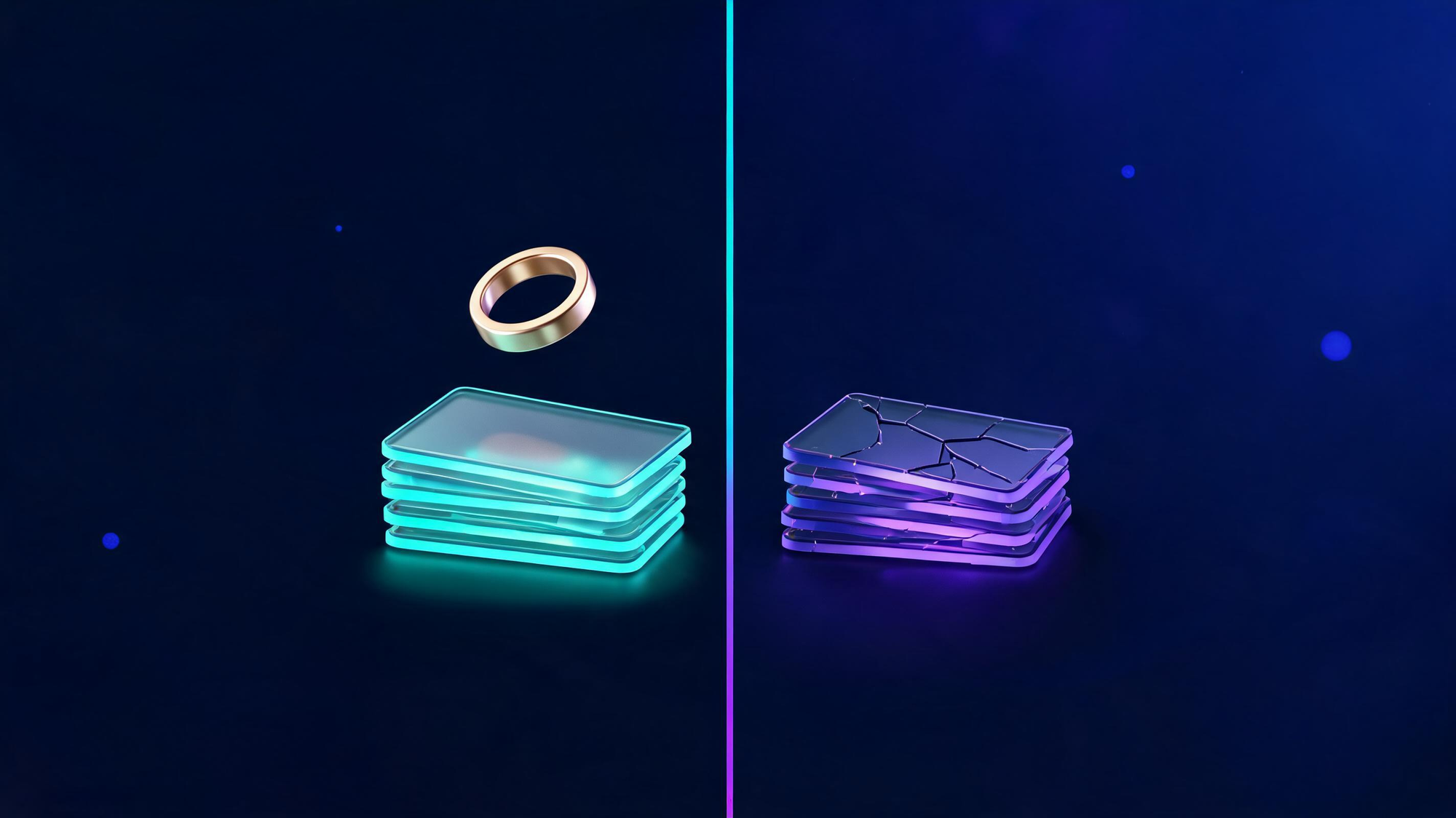 A split glass scene with a pristine trusted card stack on the left and a cracked shadow stack on the right