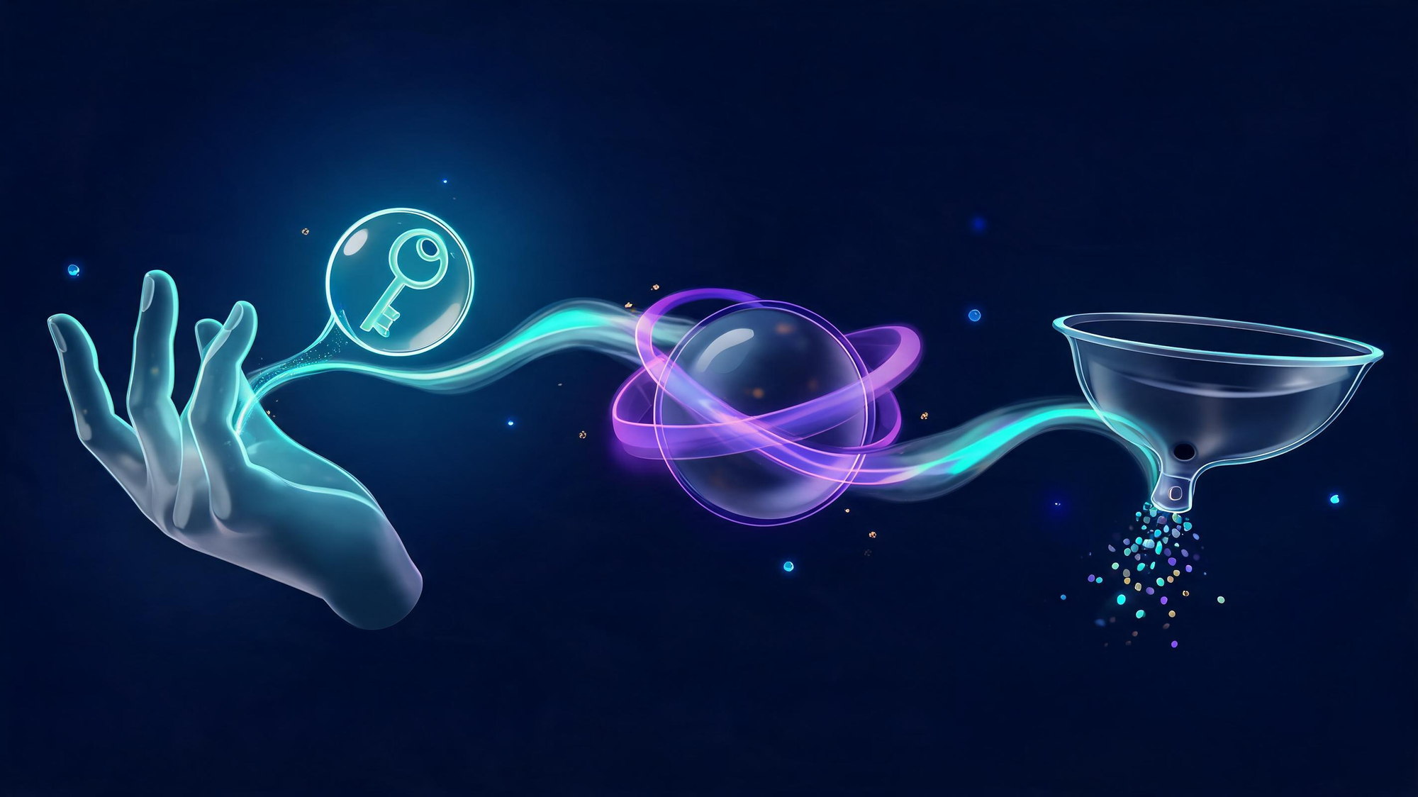 A three-stage glass scene: a key-orb released from a hand glow, a sphere wrapped in violet tendrils, and a vessel draining light