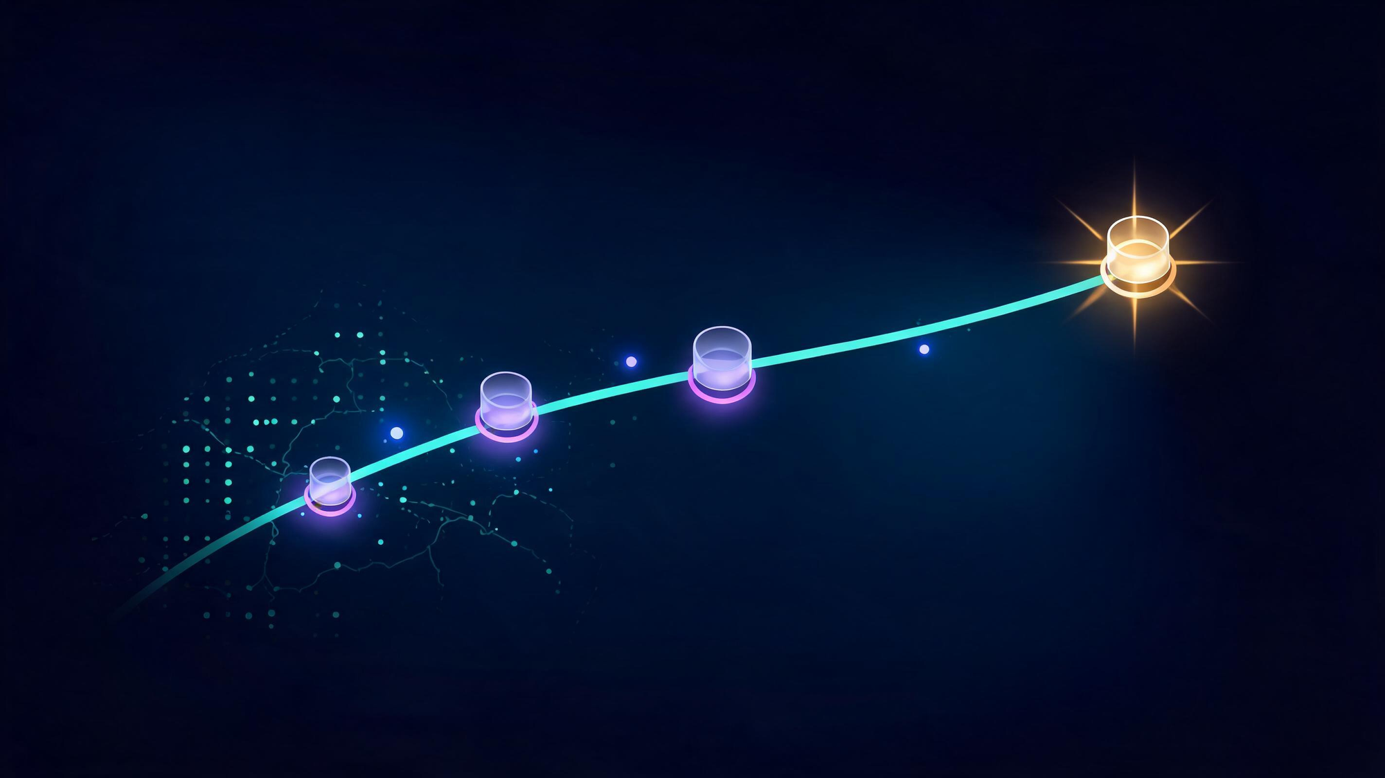 A dark timeline path with glowing alert nodes leading to one large gold star-burst node