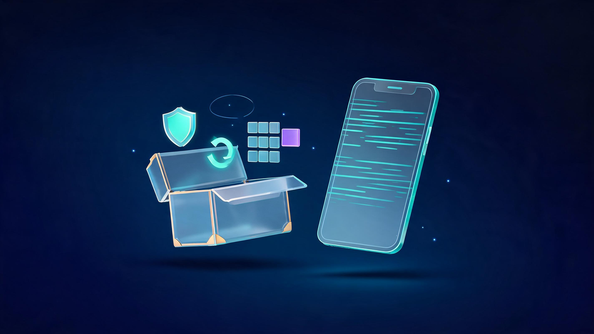 An open glass toolbox with shield, refresh, and app-grid modules beside a scanned smartphone