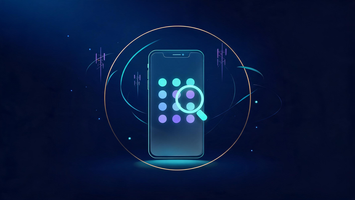 A luminous phone dialer with a magnifying ring and faint carrier towers connected by light arcs