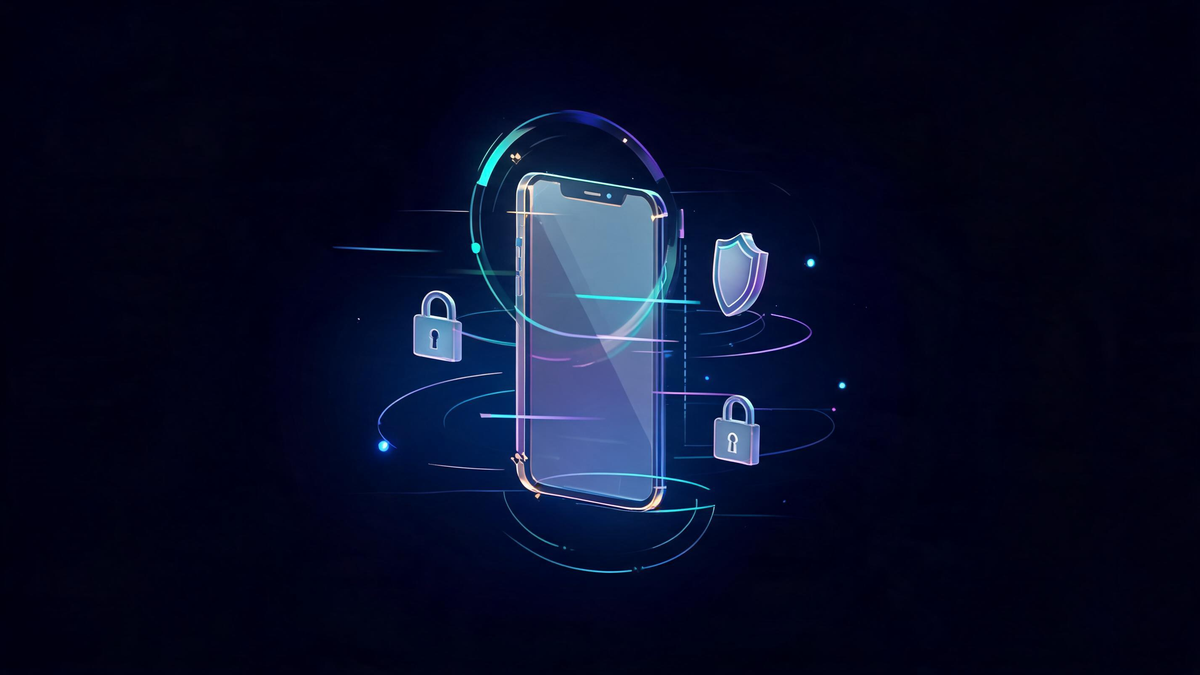 A glowing smartphone scanned by a luminous magnifier ring with a shield icon, showing how to check if your phone is hacked